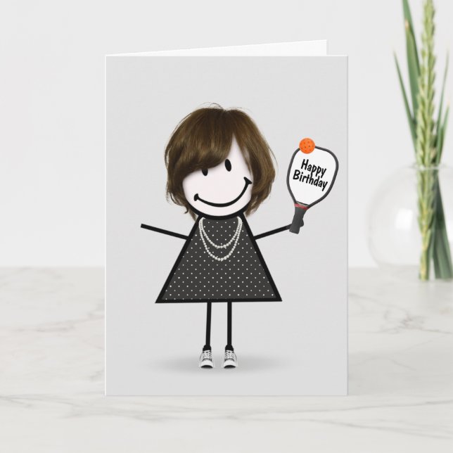 Birthday Pickleball Stick Figure Girl Card (Front)