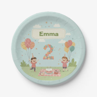Birthday Picnic, Cute Retro Style, Age 2 Paper Plates