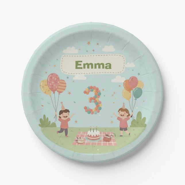 Birthday Picnic, Cute Retro Style, Age 3 Paper Plates (Front)