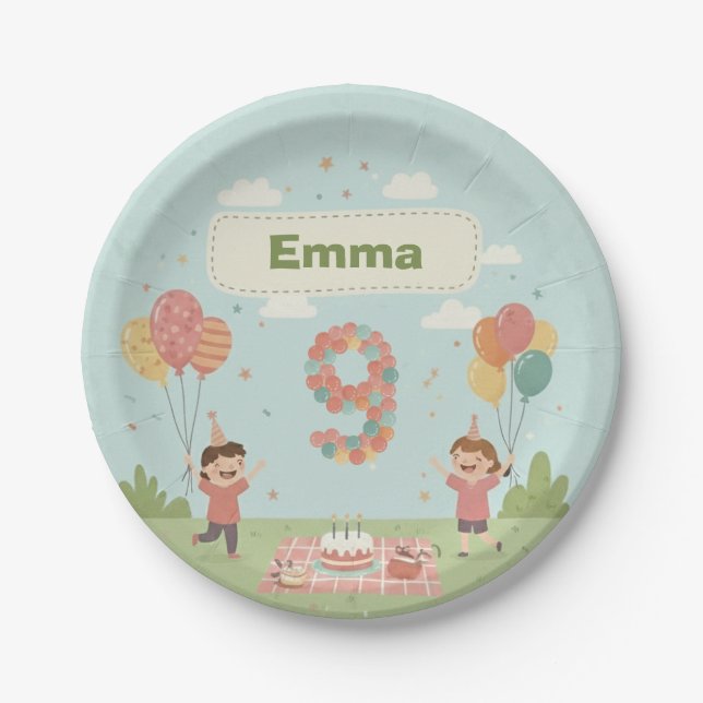 Birthday Picnic, Cute Retro Style Paper Plates (Front)