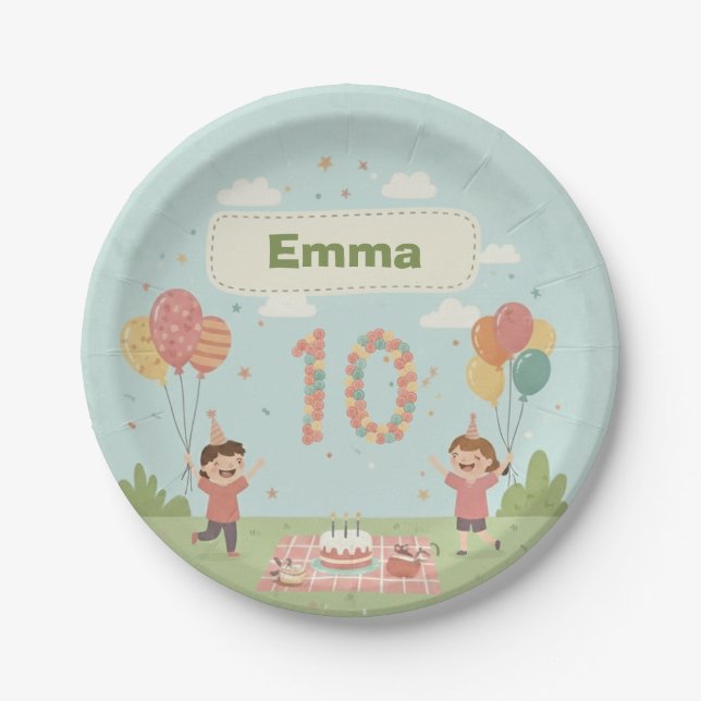 Birthday Picnic, Cute Retro Style Paper Plates (Front)