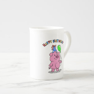 Birthday Pig cartoon   choose background color Bone China Mug
