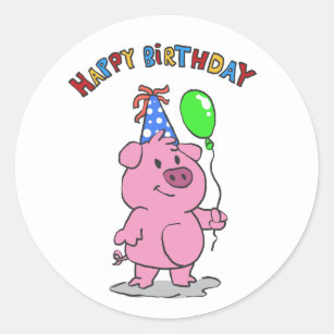 Birthday Pig cartoon   choose background color Classic Round Sticker
