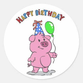Birthday Pig cartoon | choose background color Classic Round Sticker