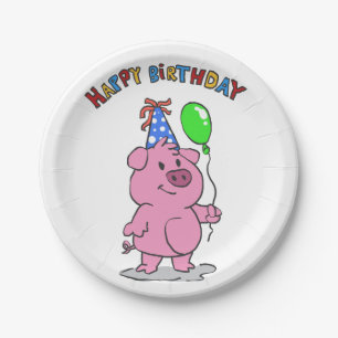 Birthday Pig cartoon choose background color Paper Plates