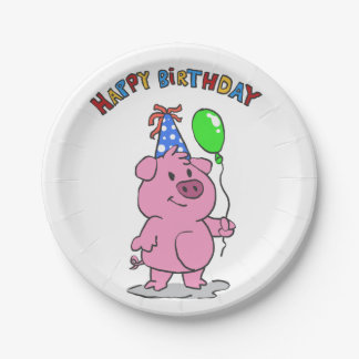 Birthday Pig cartoon | choose background color Paper Plates