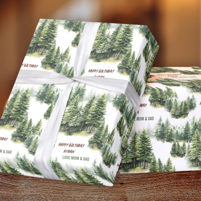 Birthday Pine Tree Forest Green Name Wrapping Paper (Birthday Pine Tree Forest Green Name Wrapping Paper)