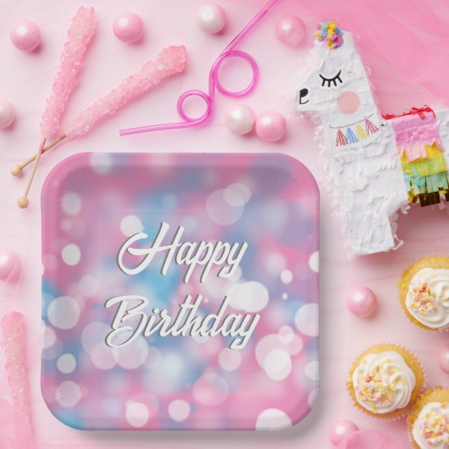 Birthday Pink and Aqua Bokeh Party Lights Paper Plates (Party)