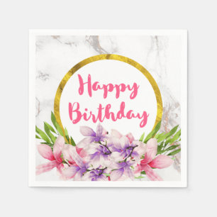 Birthday Pink and Purple Watercolor Magnolias Paper Napkins