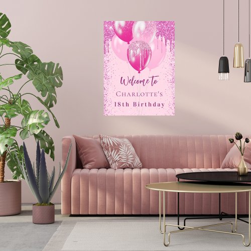 Birthday pink balloons girl welcome party poster