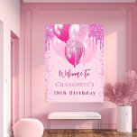 Birthday pink balloons girl welcome party poster<br><div class="desc">A welcome poster for a girly and glamorous 18th (or any age) birthday party.  A trendy pastel pink background with elegant faux sparkles and pink balloons.   Personalize and add a name and age 18.  Dark pink letters.</div>