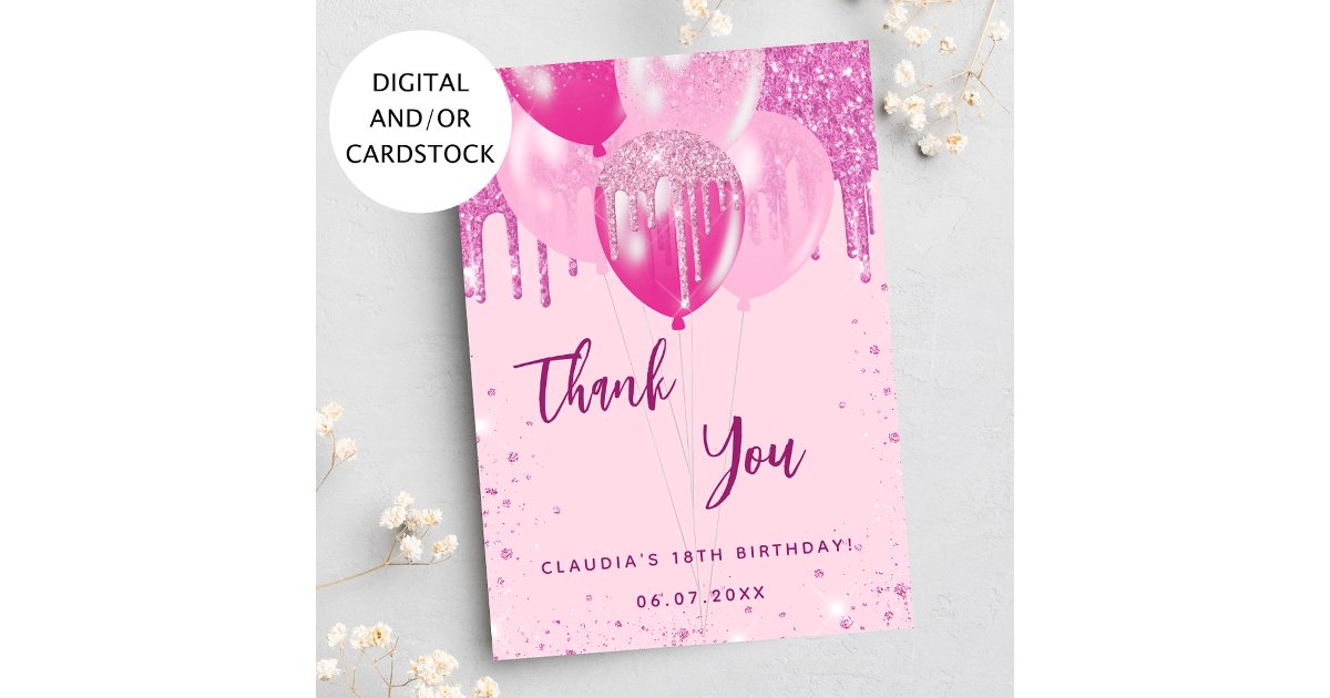 Birthday pink balloons thank you card Zazzle