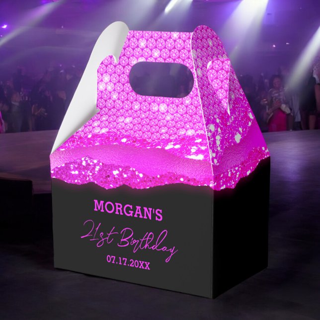 Birthday Pink Black Glitter Name Thank You Favor Boxes (Creator Uploaded)