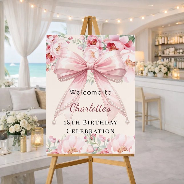 Birthday pink bow cream ivory florals welcome foam board (Creator Uploaded)