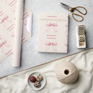 Birthday pink bow pearls cream girl wrapping paper