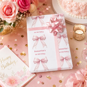Birthday pink bow pearls girl wrapping paper
