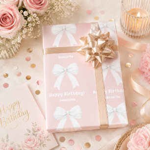 Birthday pink bow white girl wrapping paper