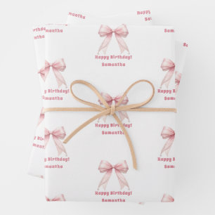 Birthday pink bow white girl wrapping paper sheets