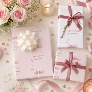 Birthday pink bow white girl wrapping paper sheets