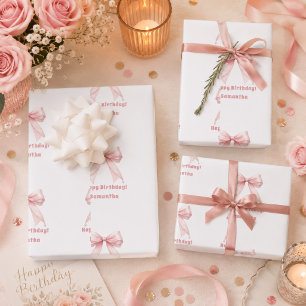 Birthday pink bow white girl wrapping paper sheets
