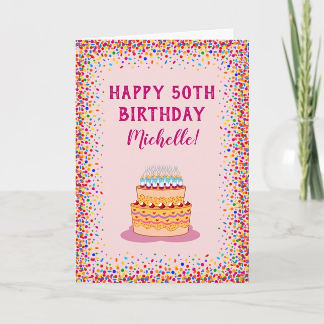 Birthday Pink Cake Colorful Confetti Celebration Card (Front)