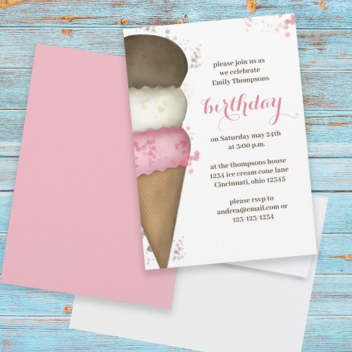 Birthday Pink Calligraphy Script Ice Cream Invitation