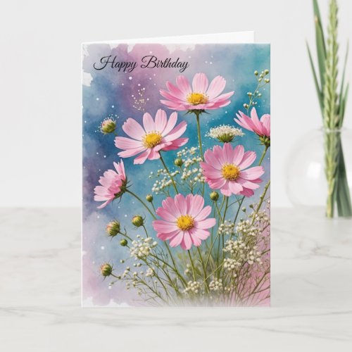 Birthday Pink Cosmos Bouquet Card