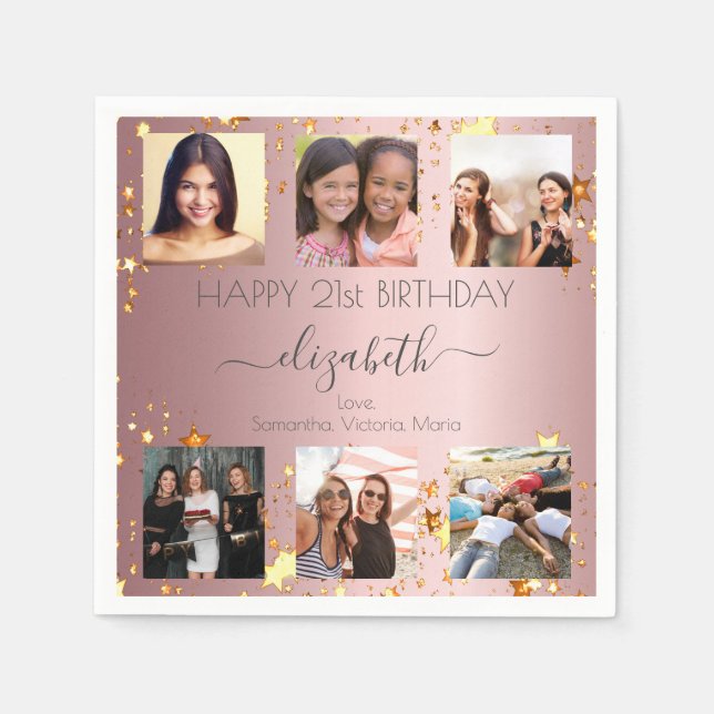 Birthday pink custom photo collage friends  napkins (Front)