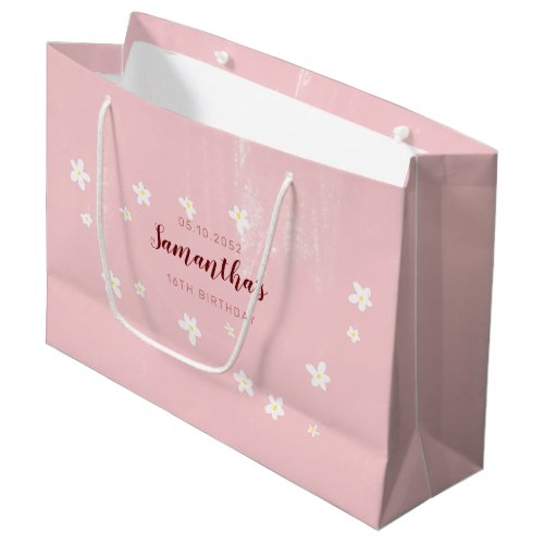 Birthday Pink Daisies Girly Sweet Simple Script Large Gift Bag