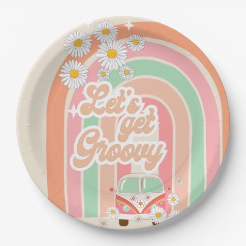 Birthday Pink Daisy Rainbow Hippie 70s Retro Paper Plates