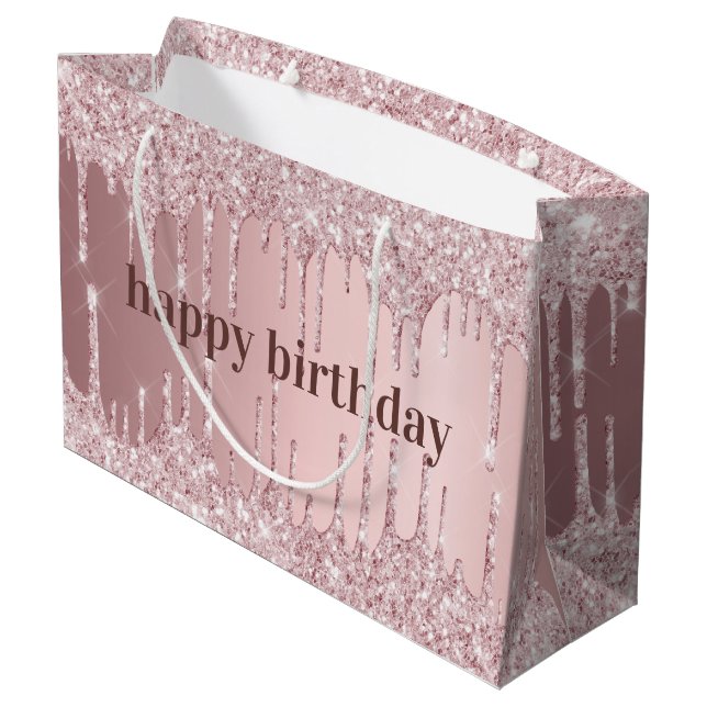 Birthday pink dusty rose glitter drips luxury large gift bag (Back Angled)