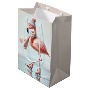 Birthday Pink Flamingo Ice Skater Medium Gift Bag