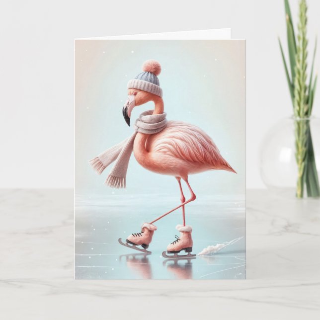 Birthday Pink Flamingo Ice Skating Card (Front)