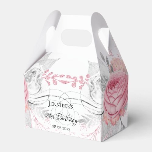 Birthday pink floral silver modern elegant favor boxes