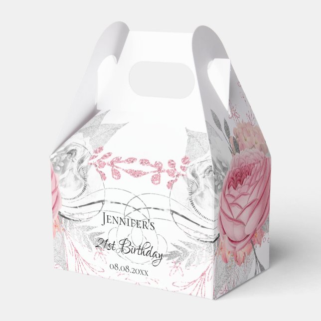 Birthday pink floral silver modern elegant favor boxes (Front Side)
