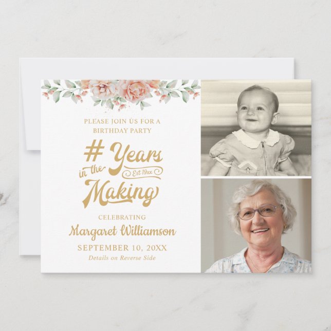 Birthday Pink Floral YEARS IN THE MAKING 2 Photo Invitation (Front)