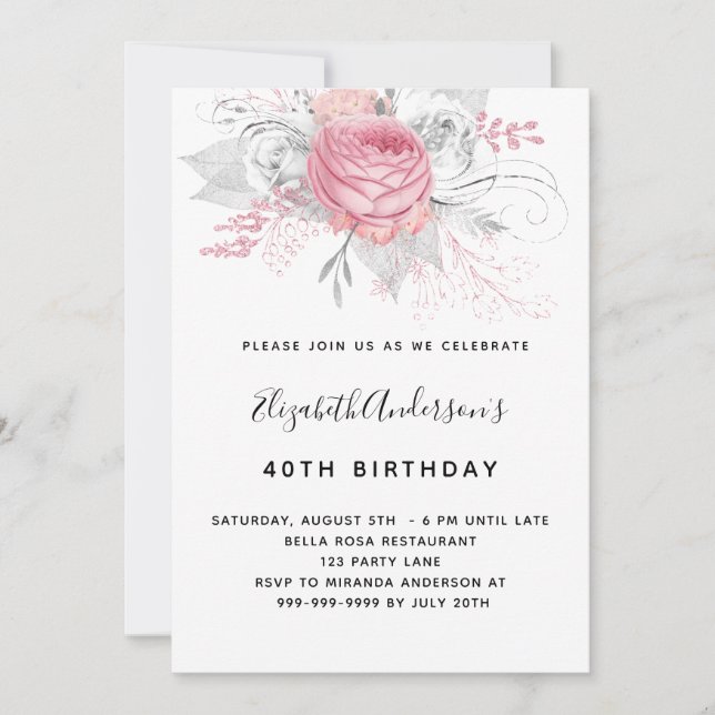 Birthday pink florals elegant white invitation (Front)