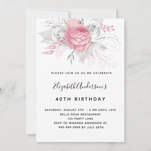Birthday pink florals elegant white invitation