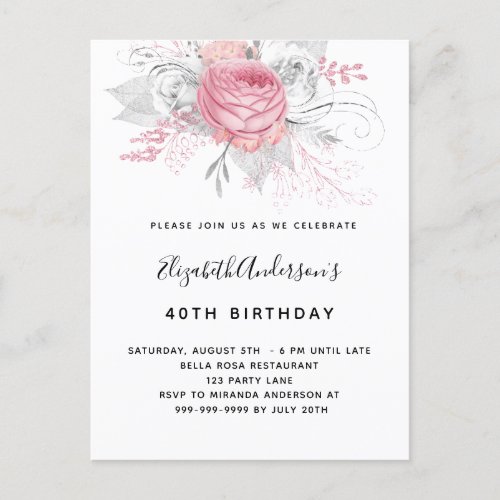 Birthday pink florals elegant white modern invitation postcard