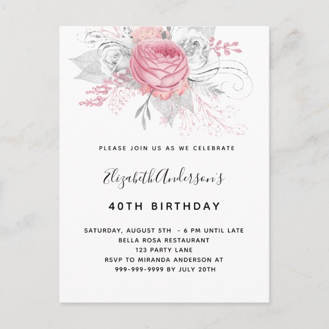 Birthday pink florals elegant white modern invitation postcard (Front)