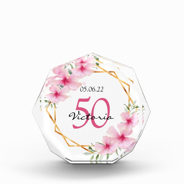 Birthday pink florals gold geometeic name acrylic award (Front)