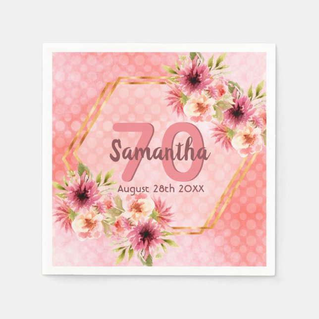 Birthday pink florals gold geometric name napkins (Front)