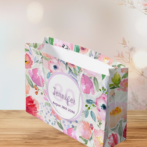 Birthday pink florals monogram name large gift bag