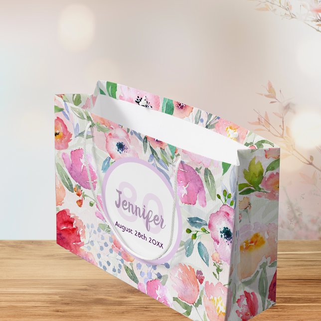 Birthday pink florals monogram name large gift bag (Creator Uploaded)
