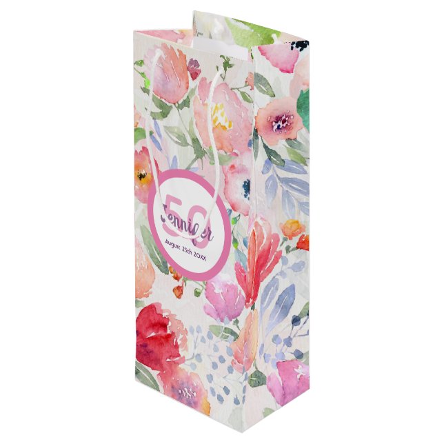 Birthday pink florals monogram name wine gift bag (Back Angled)