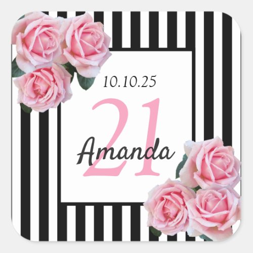 Birthday pink flowers black white stripes square sticker