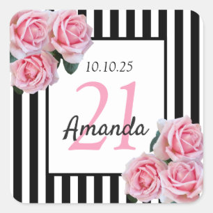 Birthday pink flowers black white stripes square sticker