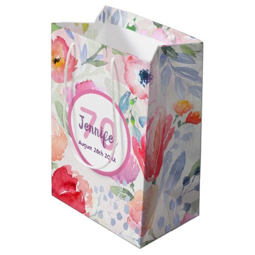 Birthday pink flowers monogram name medium gift bag