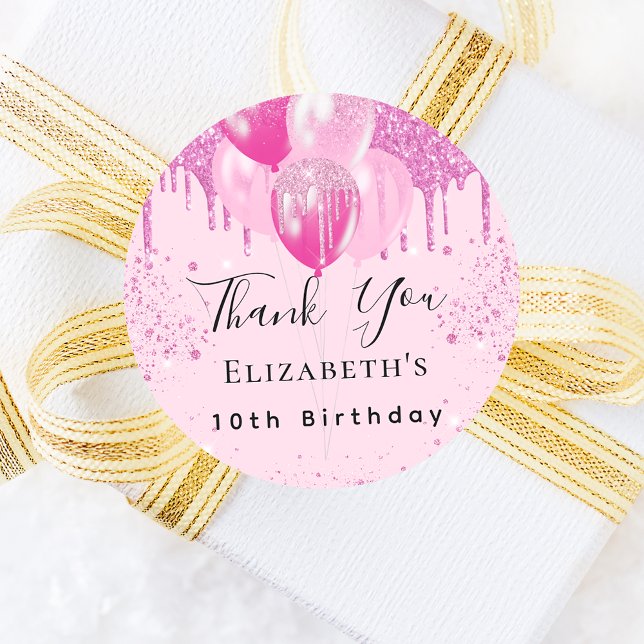 Birthday pink glitter balloons girl thank you classic round sticker (Creator Uploaded)