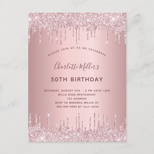 Birthday pink glitter drips dusty rose luxury invitation postcard